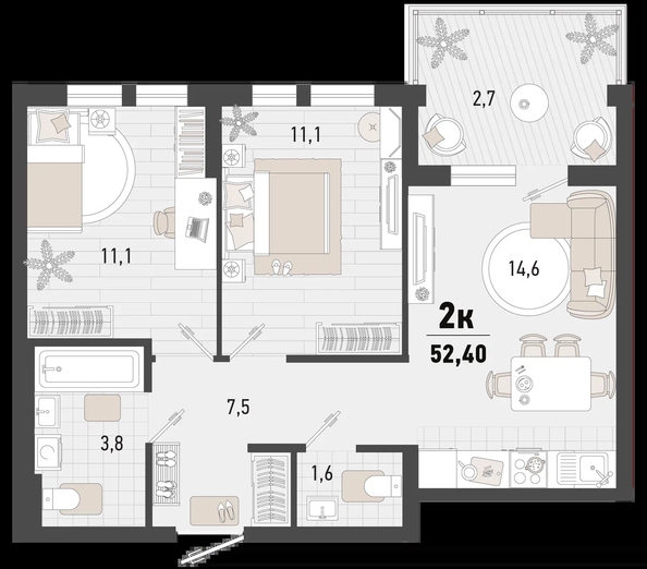 
   Продам 2-комнатную, 52.4 м², Барса, 4В литер

. Фото 6.