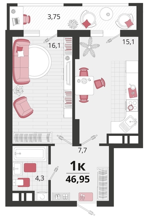 
   Продам 1-комнатную, 46.95 м², Родные просторы, литера 12

. Фото 7.