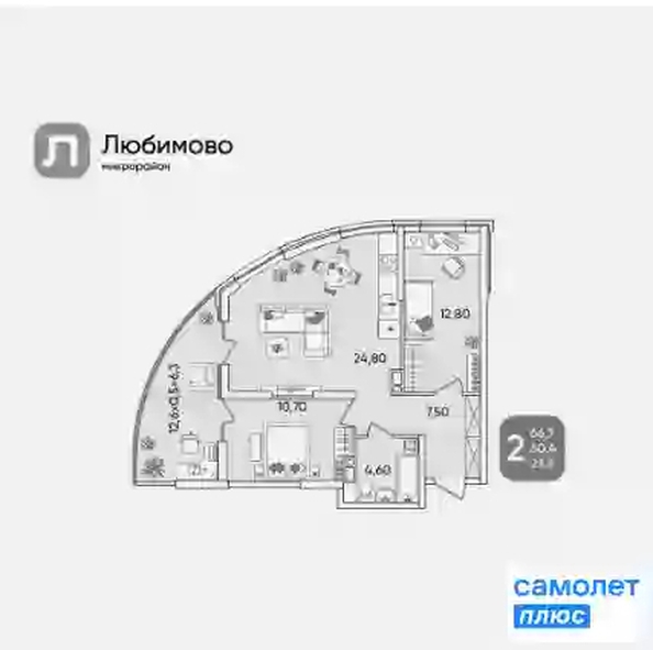 
   Продам 2-комнатную, 66.7 м², Любимово мкр, 11А

. Фото 5.