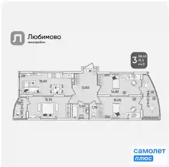 
   Продам 3-комнатную, 88.4 м², Любимово мкр, 11А

. Фото 5.