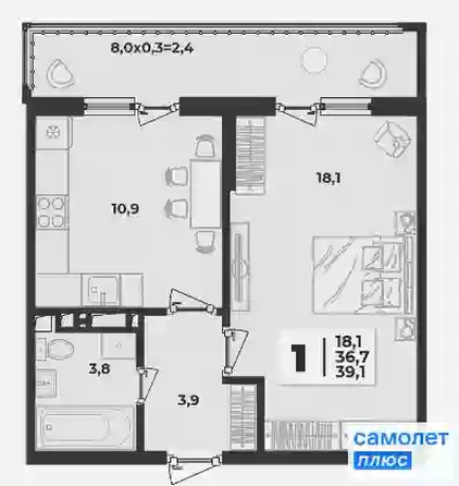 
   Продам 1-комнатную, 39.1 м², Лето, литера 1/1

. Фото 11.