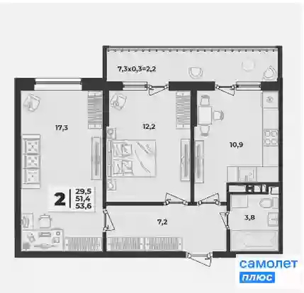 
   Продам 2-комнатную, 53.6 м², Лето, литера 1/1

. Фото 11.