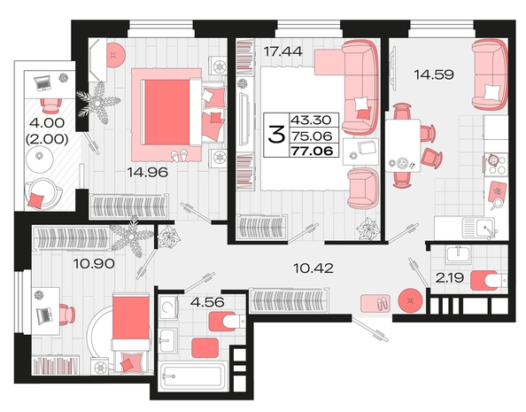 
   Продам 3-комнатную, 76.2 м², Римские каникулы, литера 1

. Фото 4.