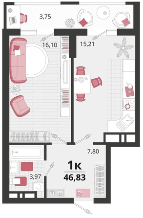 
   Продам 1-комнатную, 46.83 м², Родные просторы, литера 15

. Фото 4.