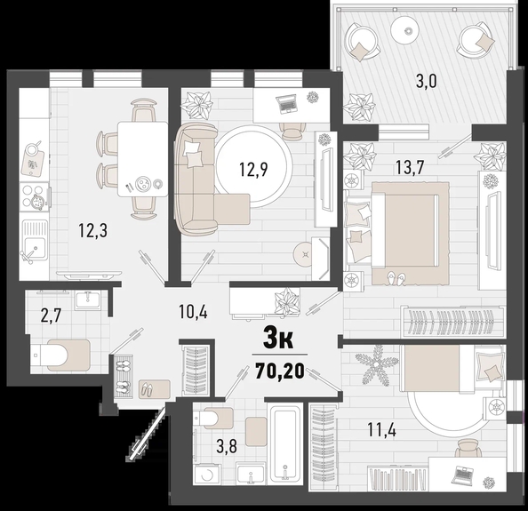 
   Продам 3-комнатную, 70.2 м², Барса, 3В литер

. Фото 6.