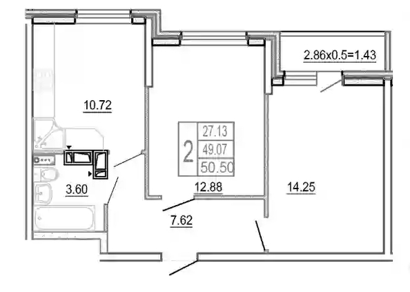 
   Продам 2-комнатную, 50 м², Смородина, литера 11

. Фото 4.