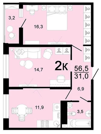 
   Продам 2-комнатную, 56.5 м², Горячий, литера 3

. Фото 1.