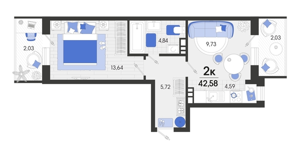 
   Продам 2-комнатную, 43.1 м², Белые росы, литера 9

. Фото 4.