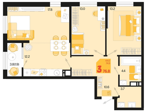 
   Продам 3-комнатную, 76.8 м², Первое место, квартал 1.4, литер 1

. Фото 12.