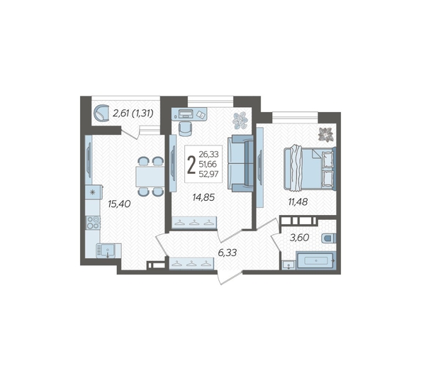 
   Продам 2-комнатную, 52.97 м², Смородина, литера 18

. Фото 2.