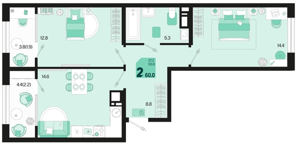 
   Продам 2-комнатную, 60 м², Первое место, квартал 1.1, литер 2

. Фото 6.