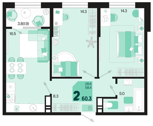 
   Продам 2-комнатную, 60.3 м², Первое место, квартал 1.6, литер 1

. Фото 6.