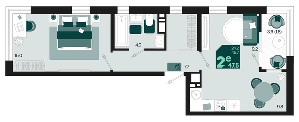 
   Продам 2-комнатную, 47.5 м², Первое место, квартал 1.6, литер 1

. Фото 6.