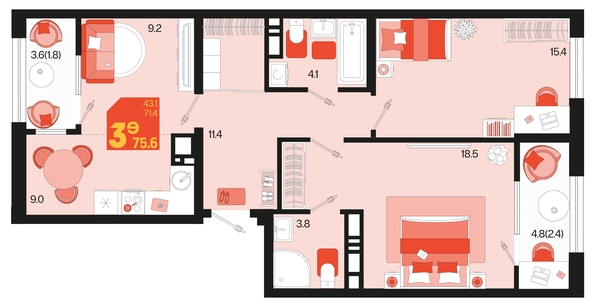 
   Продам 3-комнатную, 75.6 м², Первое место, квартал 1.6, литер 1

. Фото 6.