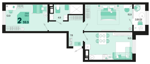 
   Продам 2-комнатную, 59.9 м², Первое место, квартал 1.6, литер 1

. Фото 11.