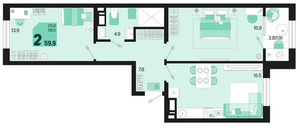 
   Продам 2-комнатную, 59.9 м², Первое место, квартал 1.6, литер 1

. Фото 12.