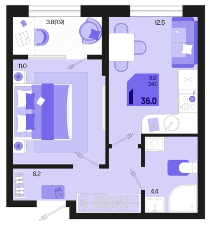 
   Продам 1-комнатную, 36 м², Первое место, квартал 1.6, литер 1

. Фото 6.