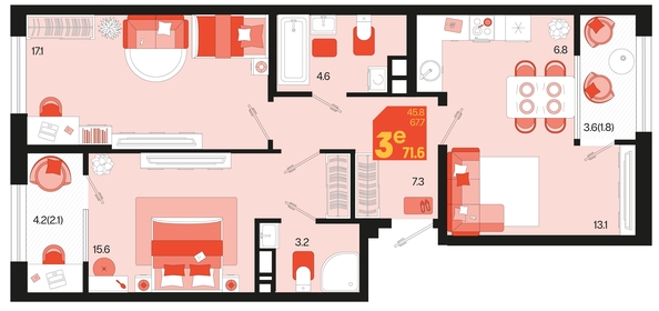 
   Продам 3-комнатную, 71.6 м², Первое место, квартал 1.6, литер 1

. Фото 12.