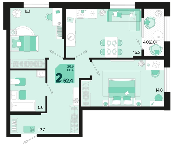 
   Продам 2-комнатную, 62.4 м², Первое место, квартал 1.6, литер 2

. Фото 6.