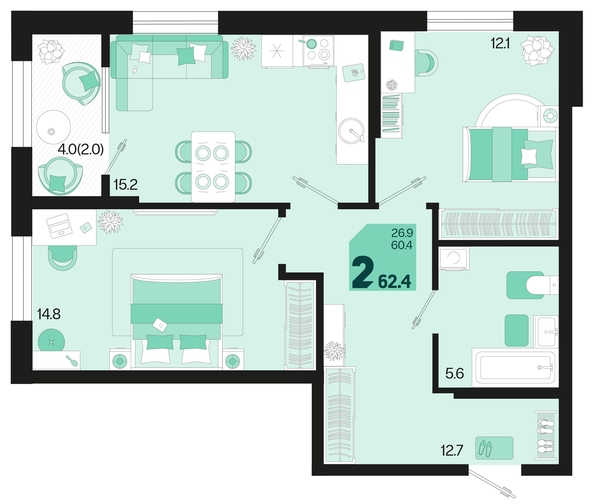 
   Продам 2-комнатную, 62.4 м², Первое место, квартал 1.6, литер 2

. Фото 12.