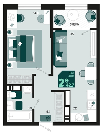 
   Продам 2-комнатную, 42.7 м², Первое место, квартал 1.6, литер 2

. Фото 6.