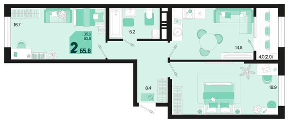 
   Продам 2-комнатную, 65.8 м², Первое место, квартал 1.3, литер 1

. Фото 6.