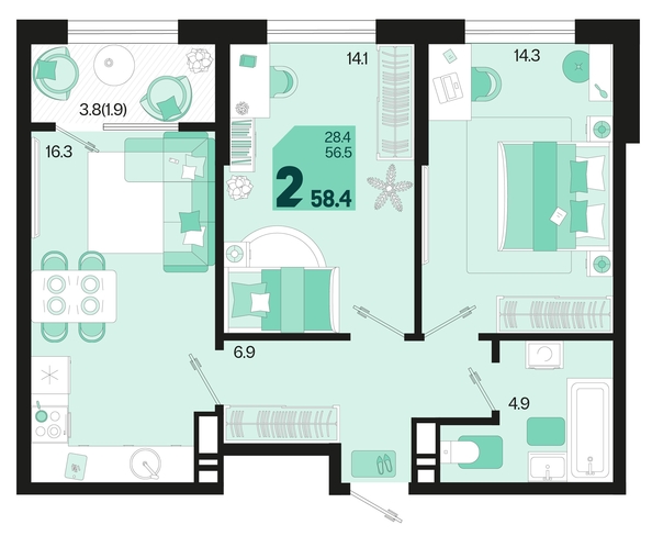 
   Продам 2-комнатную, 58.4 м², Первое место, квартал 1.3, литер 1

. Фото 6.