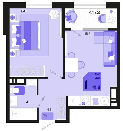 
   Продам 1-комнатную, 41.3 м², Первое место, квартал 1.3, литер 1

. Фото 6.