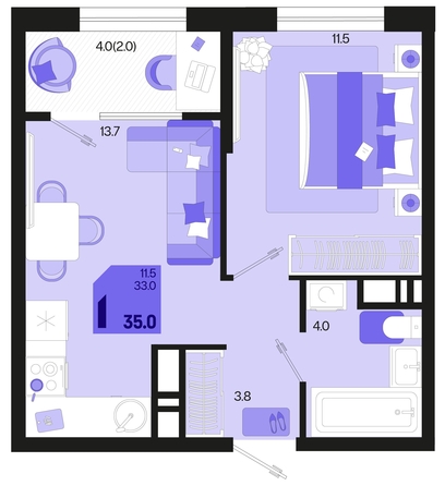 
   Продам 1-комнатную, 35 м², Первое место, квартал 1.3, литер 1

. Фото 6.