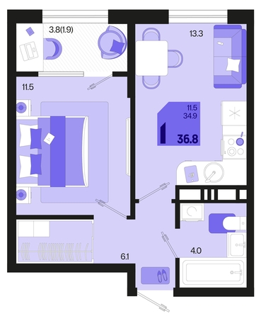 
   Продам 1-комнатную, 36.8 м², Первое место, квартал 1.3, литер 2

. Фото 6.