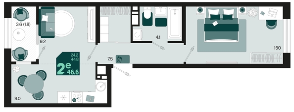 
   Продам 2-комнатную, 46.6 м², Первое место, квартал 1.2, литер 1

. Фото 6.