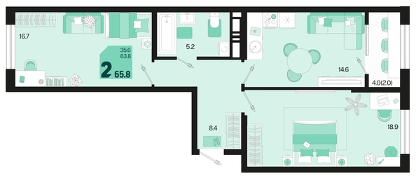 
   Продам 2-комнатную, 65.8 м², Первое место, квартал 1.2, литер 1

. Фото 6.