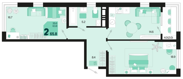 
   Продам 2-комнатную, 65.8 м², Первое место, квартал 1.2, литер 1

. Фото 6.