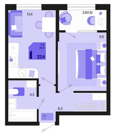 
   Продам 1-комнатную, 37.4 м², Первое место, квартал 1.2, литер 2

. Фото 6.