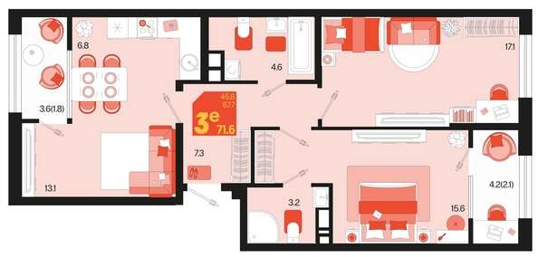 
   Продам 3-комнатную, 71.6 м², Первое место, квартал 1.4, литер 2

. Фото 6.