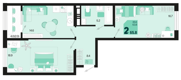 
   Продам 2-комнатную, 65.8 м², Первое место, квартал 1.5, литер 1

. Фото 6.