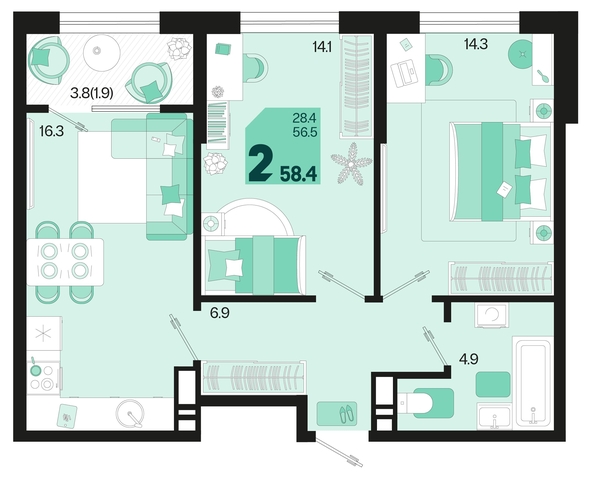 
   Продам 2-комнатную, 58.4 м², Первое место, квартал 1.5, литер 1

. Фото 6.