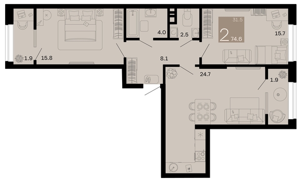 
   Продам 2-комнатную, 74.6 м², Хозяин морей, литер 1

. Фото 6.