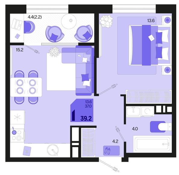 
   Продам 1-комнатную, 39.2 м², Первое место, квартал 1.2, литер 1

. Фото 6.