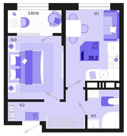 
   Продам 1-комнатную, 35.2 м², Первое место, квартал 1.1, литер 2

. Фото 6.