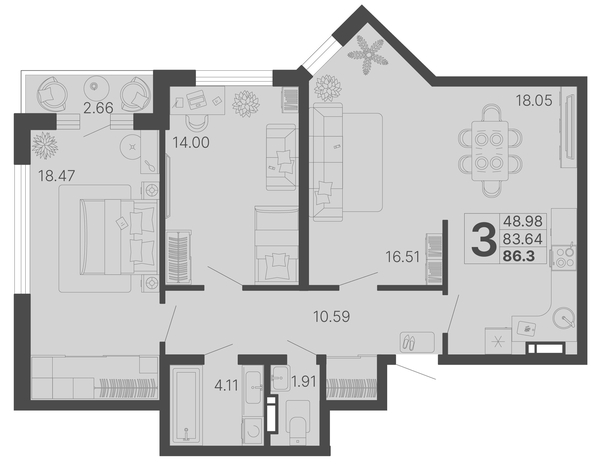 
   Продам 3-комнатную, 84.97 м², Светский лес, литер 4

. Фото 6.