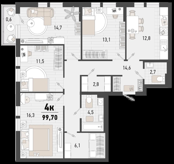 
   Продам 4-комнатную, 99.7 м², Барса, 3В литер

. Фото 6.