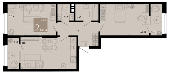 
   Продам 2-комнатную, 68.4 м², Хозяин морей, литер 2

. Фото 6.