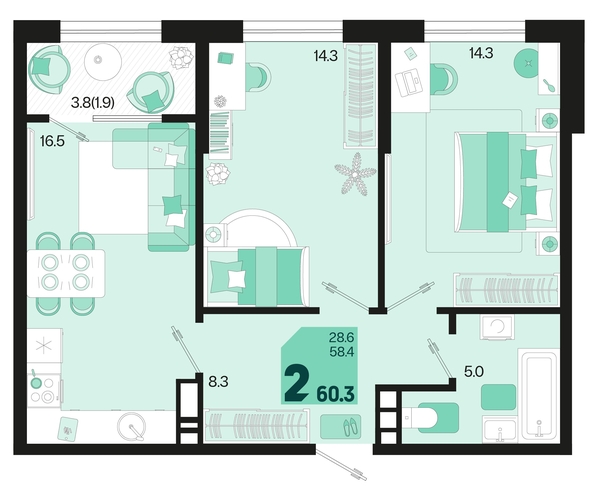 
   Продам 2-комнатную, 60.3 м², Первое место, квартал 1.10 литер 1

. Фото 6.