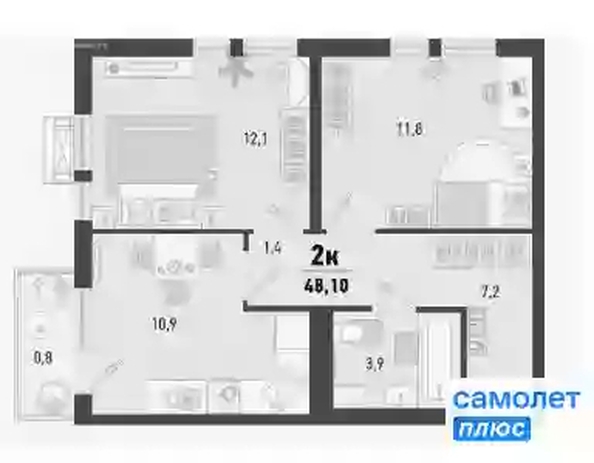 
   Продам 2-комнатную, 48.1 м², Барса, 1В литер

. Фото 11.