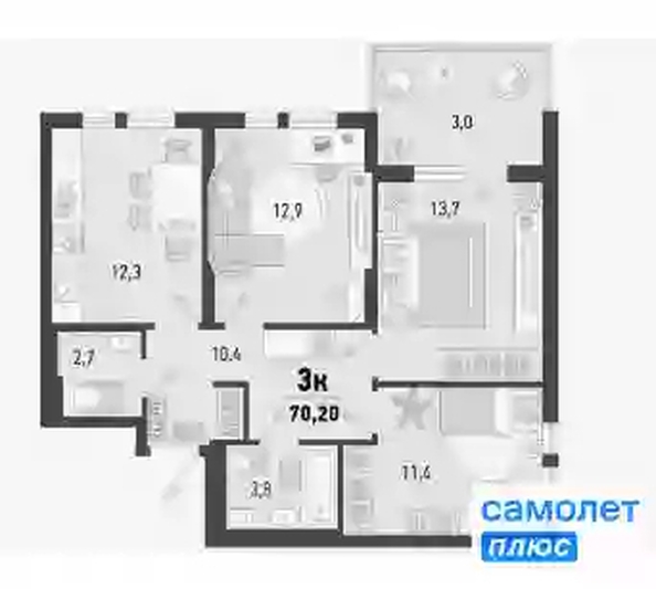 
   Продам 3-комнатную, 70.2 м², Барса, 1В литер

. Фото 11.