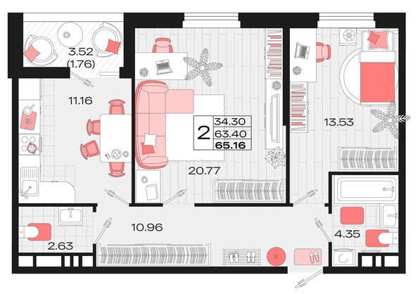 
   Продам 2-комнатную, 65.16 м², Римские каникулы, литера 4

. Фото 4.