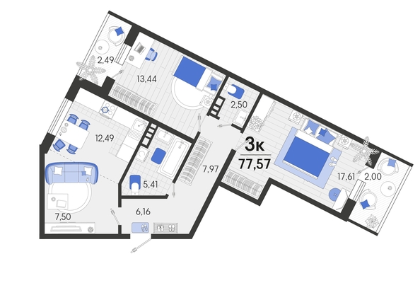 
   Продам 3-комнатную, 77.57 м², Спортивная ул, 2а лит9

. Фото 4.