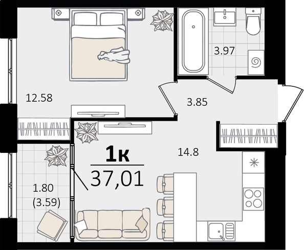 
   Продам 1-комнатную, 37.01 м², Патрики, литер 5.1

. Фото 4.