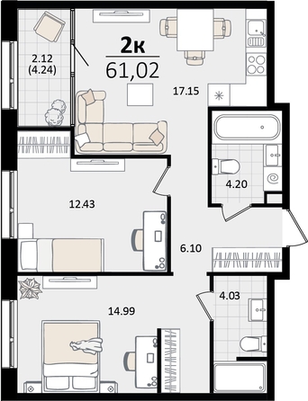 
   Продам 2-комнатную, 61.02 м², Патрики, литер 4.1

. Фото 4.